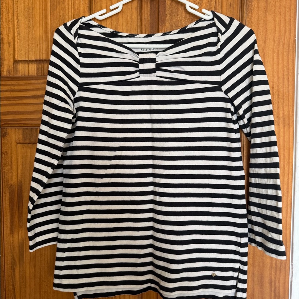 kate spade Black and White Striped Long Sleeve Tee with Square Neck Detail